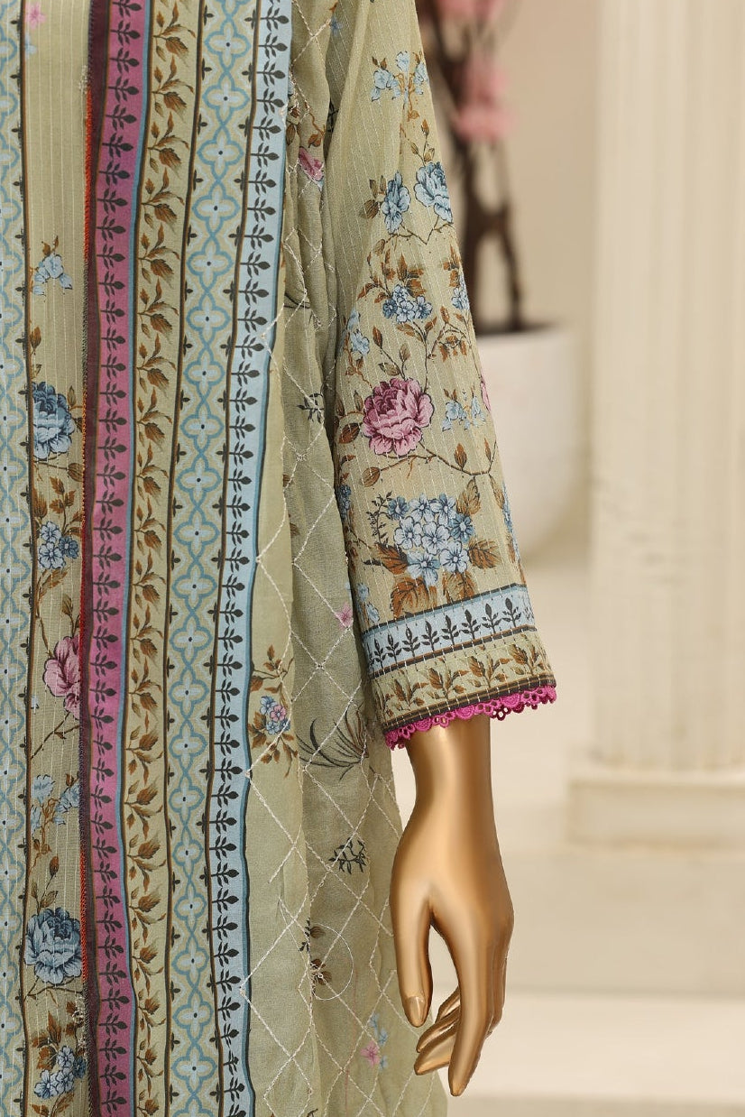 Light green embroidered fabric with floral patterns on a neutral background
