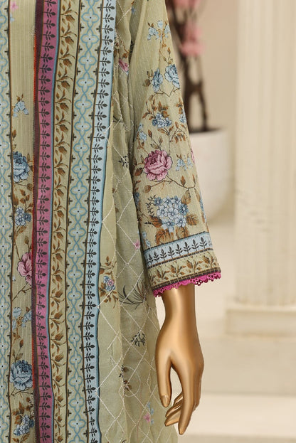 Light green embroidered fabric with floral patterns on a neutral background