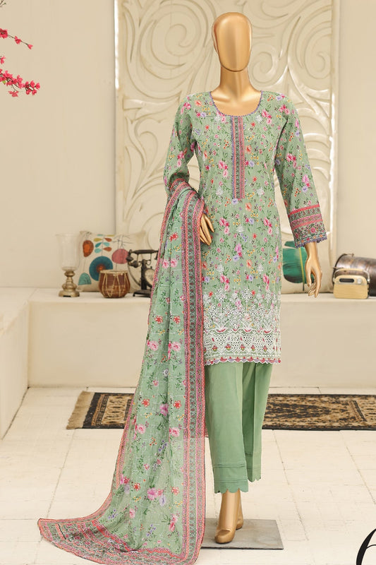 Light green traditional outfit with floral patterns on a mannequin against a neutral background.
