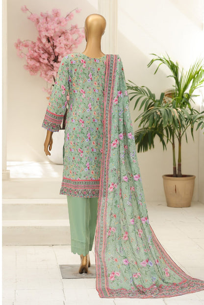 Light green traditional outfit with floral patterns on a mannequin against a neutral background.